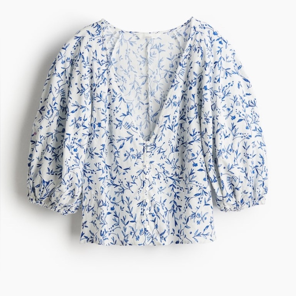 H&M Floral Blue and White Linen Blend Top